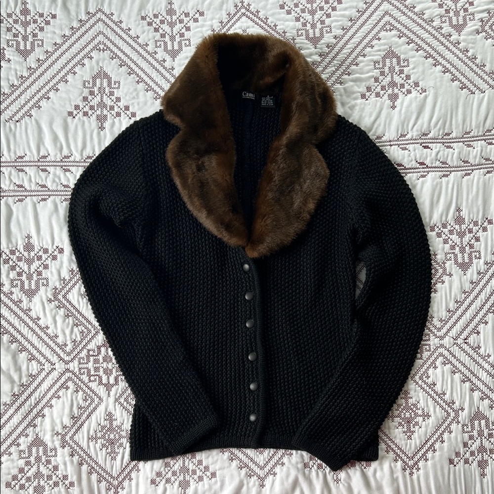 Cami NYC Black Cardigan with Brown Fur Collar